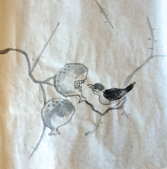 sumi-e bird pomegranate
