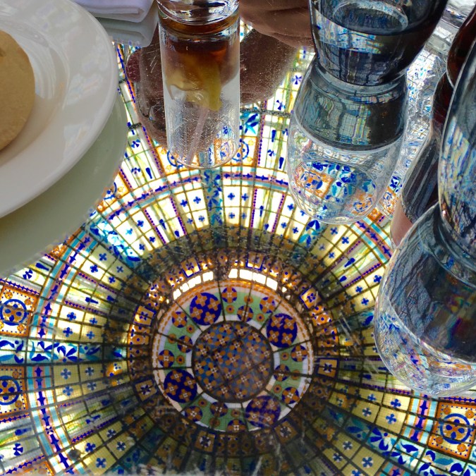 ceiling reflected on table